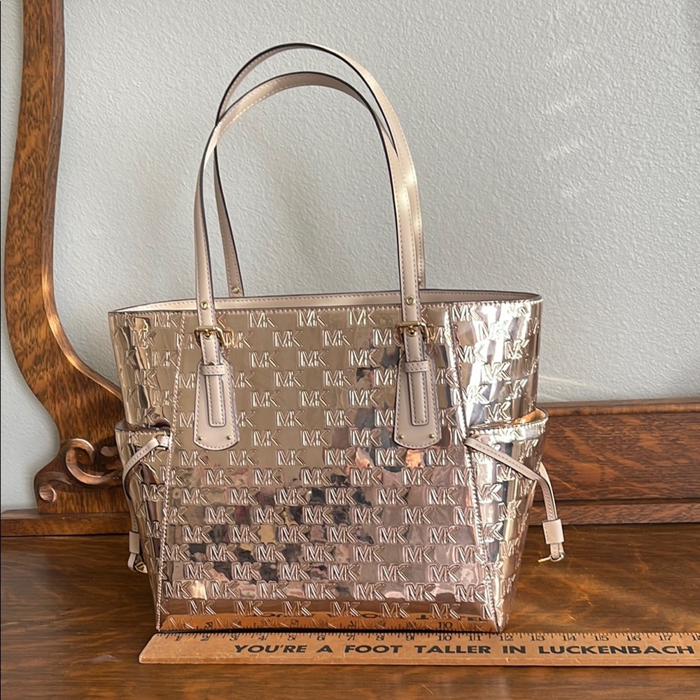 Michael Kors Voyager Rose Gold Tote with Shimmer and Structured Design